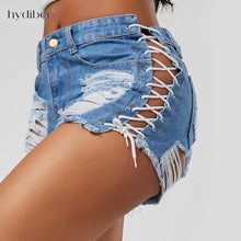 Load image into Gallery viewer, Summer Women Denim Shorts 2018 New Black Blue High Waist Ripped Short Jeans Femme Tassel Lace Up Sexy Bandage Hotpants