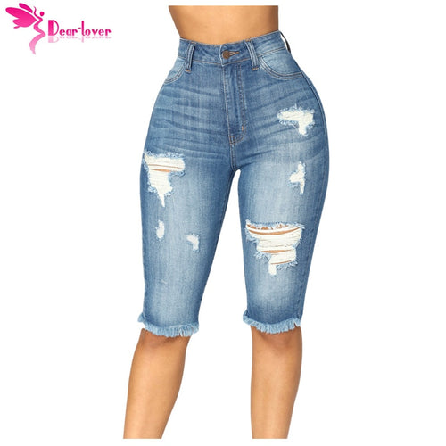 Dear Lover High Waist Skinny Jeans Medium Blue Wash Denim Destroyed Bermuda Knee Length Shorts Feminino Plus 2XL Pants LC786021